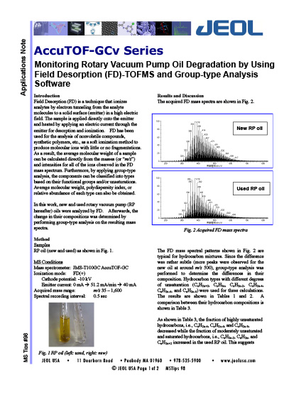Monitoring Rotary Vacuum Pump Oil Degradation by Using Field Desorption (FD)-TOFMS and Group-type Analysis Software